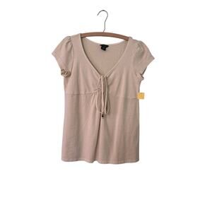 True Grit Women’s Small Cream T Shirt With Beaded Tie Collar Capped Sleeves